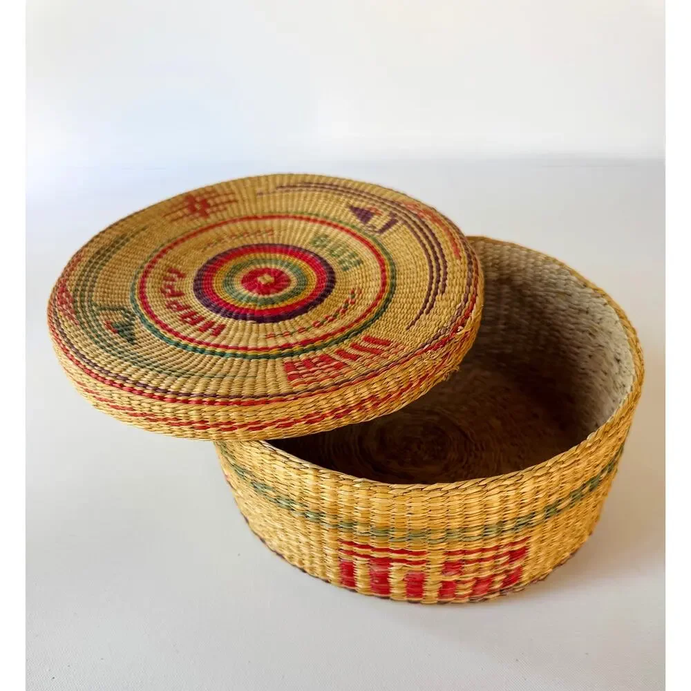 Vintage Handwoven Lidded Sweetgrass Basket with Colorful Geometric Design
